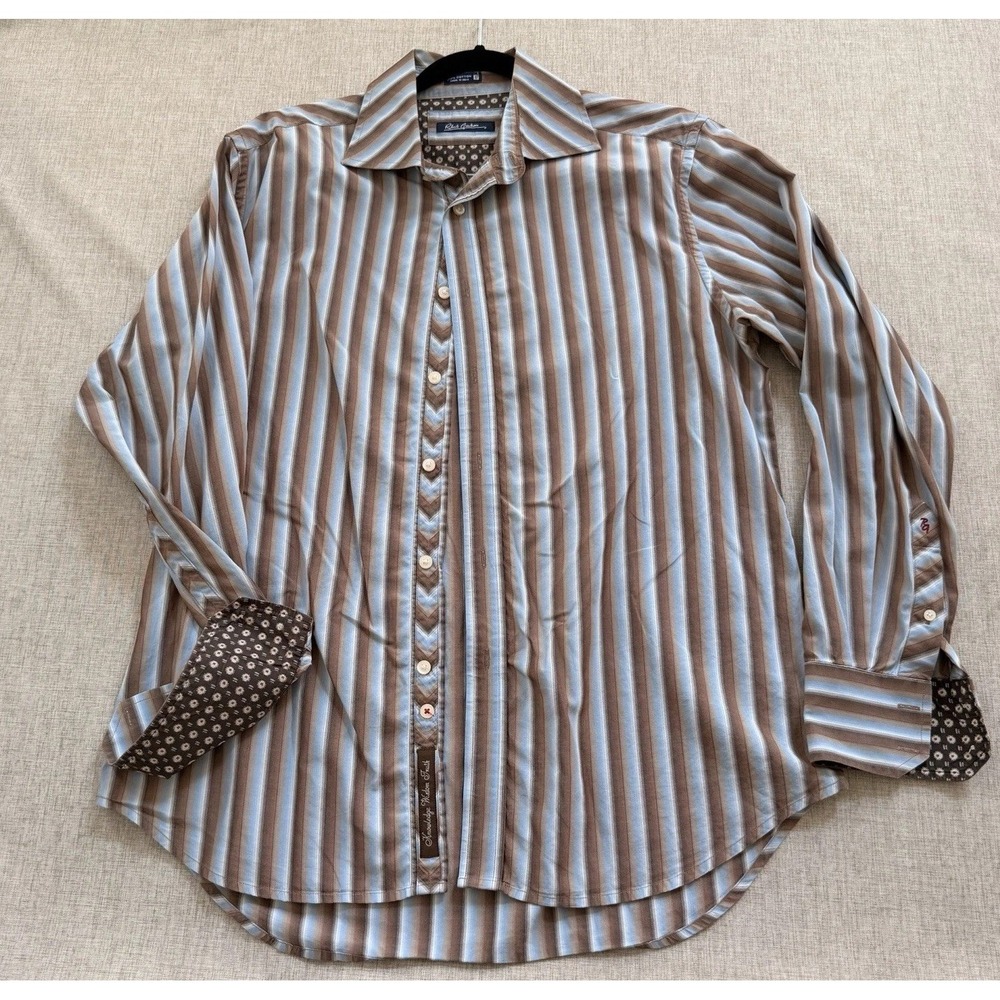 Robert Graham Shirt Men's Large Striped Brown blue Flip Cuff 100% Cotton